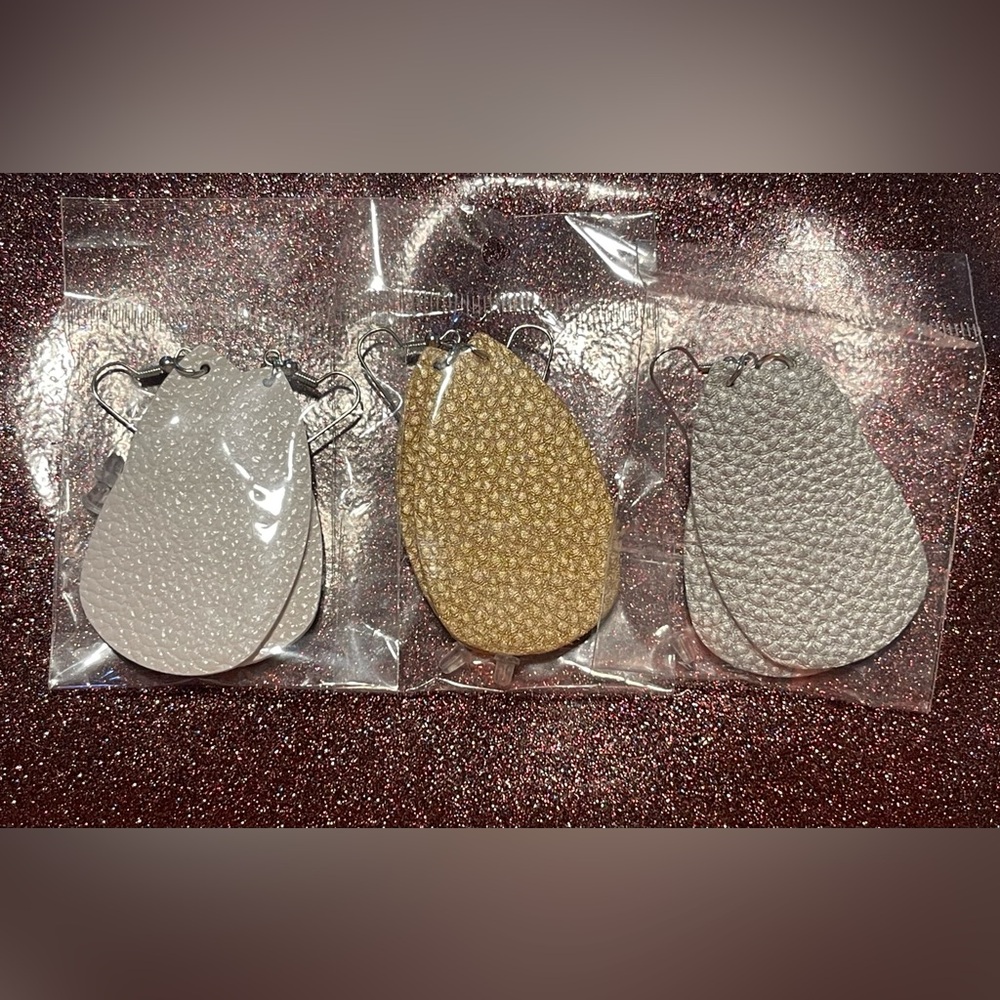 3/$10 Faux Leather Gold, Silver, & White Teardrop Earrings